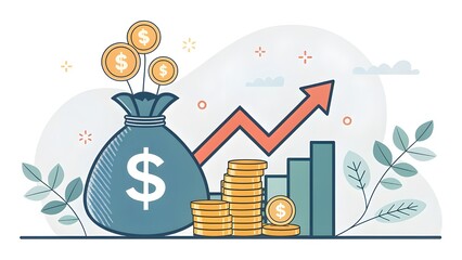 Financial growth and investment success with money bag and upward arrow