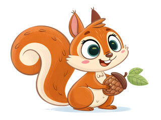 Cute cartoon squirrel holding an acorn with a green leaf © Lija Akter Bristi