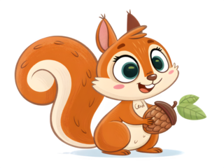 Cute cartoon squirrel holding an acorn with a green leaf