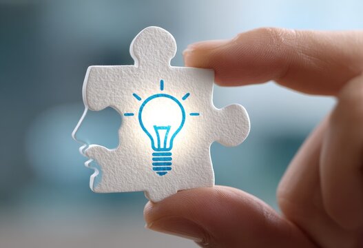Hand holding two puzzle pieces, one with a lightbulb icon, symbolizing insight