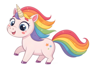 Cute cartoon unicorn with rainbow mane and tail on black background