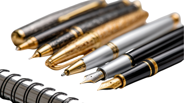 High-End Writing Instruments: A flat lay of high-end writing instruments like fountain pens and elegant notepads, isolated on a Transparent background, PNG file.