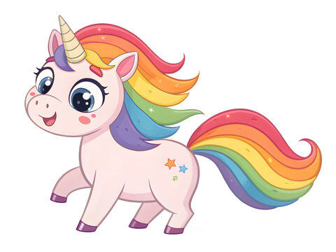 Cute cartoon unicorn with rainbow mane and tail on black background