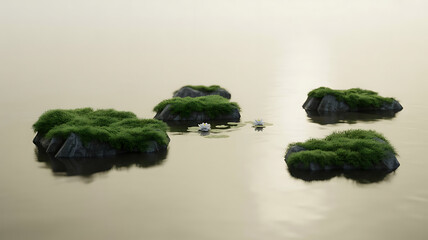 Serene Zen Garden Landscape with Mossy Rocks and Water Lilies on Calm Water.