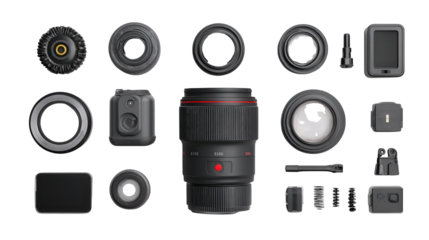 High-Quality Camera Lens: A flat lay of a high-quality camera lens with camera accessories, isolated on a Transparent background, PNG file.