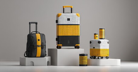 A stylish luggage collection featuring a carry-on suitcase, a backpack, a smaller rolling suitcase, and a cylindrical travel container, all in a monochromatic color scheme of black, white, and yellow