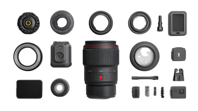 High-Quality Camera Lens: A flat lay of a high-quality camera lens with camera accessories, isolated on a Transparent background, PNG file.