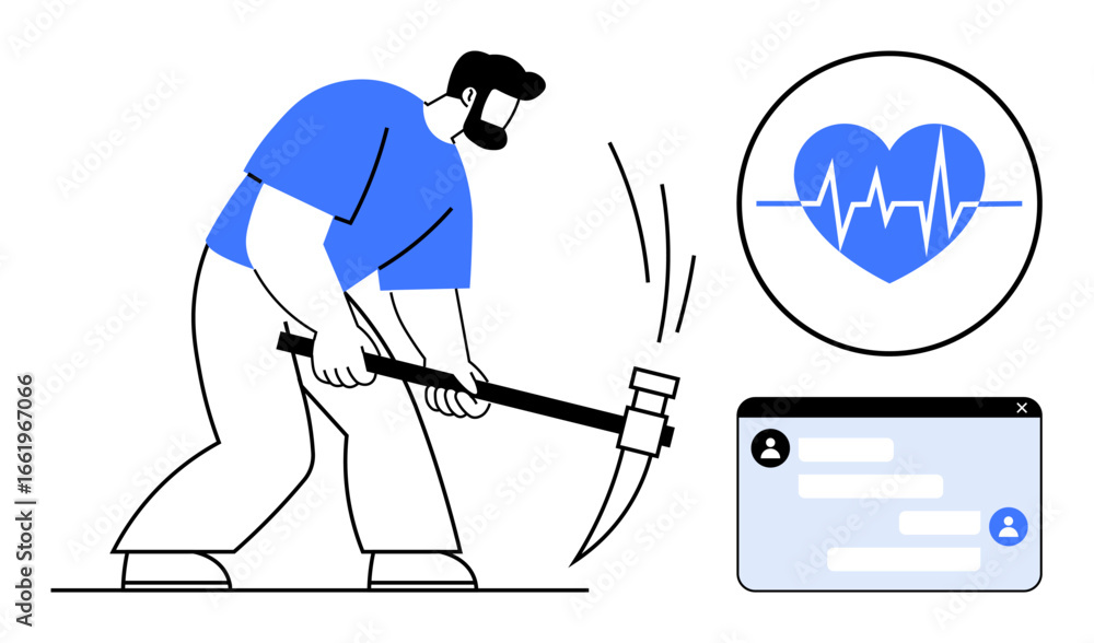Poster worker using pickaxe in labor activity, heart symbol with pulse line, chat interface. ideal for heal