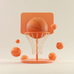 A stylized 3D render of an orange basketball about to enter a similarly colored miniature hoop, surrounded by smaller floating spheres against a pale background
