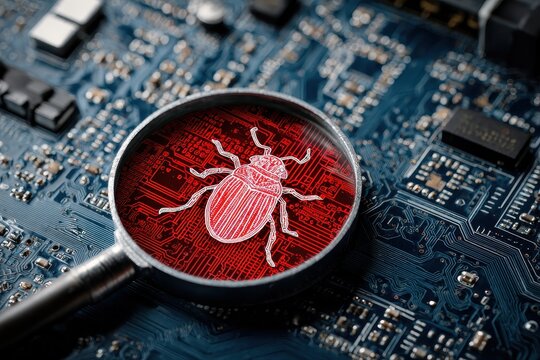 Magnifying glass reveals digital bug on circuit board, highlighting cybersecurity concerns and technology vulnerabilities