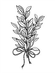 Autumn bouquet with berries and leaves branches with rope vector monochrome illustration. Wintergreen pyracantha or gaultheria line art black ink sketch. For birthday decor, holiday greeting cards