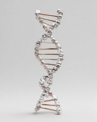 A stylized double helix DNA model, rendered in silver and copper tones against a neutral background, showcasing its elegant spiral structure