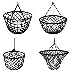Four black and white outline illustrations of hanging baskets with varying shapes and suspension styles