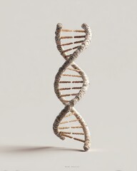 A stylized double helix DNA structure, rendered in light beige, textured material, resembling woven fibers, against a neutral background