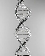 A stylized, crystalline DNA double helix model renders in shimmering, grayscale, suggesting fragility and complexity of genetic code