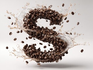 A stylized letter 'S' formed from coffee beans, suspended in a dynamic splash of brown liquid, with scattered beans around it against a muted background