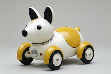 A stylized, off-white and mustard-yellow dog-shaped toy car with black detailing, large round wheels, and a smooth, rounded design, sits on a neutral background