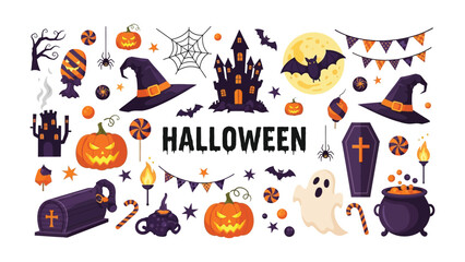 Halloween Spooktacular: A vivid collection of spooky icons comes alive in a vibrant design, creating a mesmerizing ensemble of Halloween emblems. 