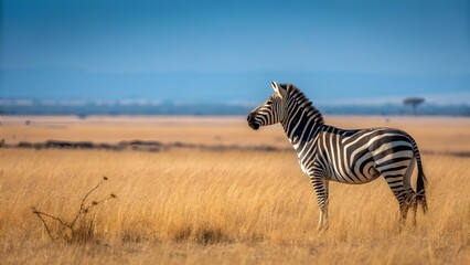 Naklejka premium Wild Zebra Standing in African Savannah Grassland