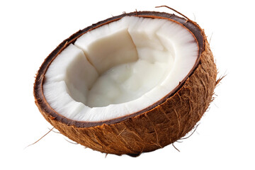 Freshly split coconut with white flesh on a dark background