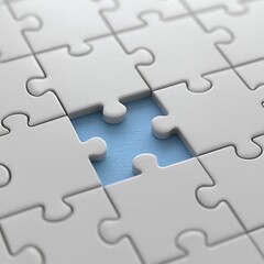 Close up of a white jigsaw puzzle with one piece missing revealing a light blue background underneath it