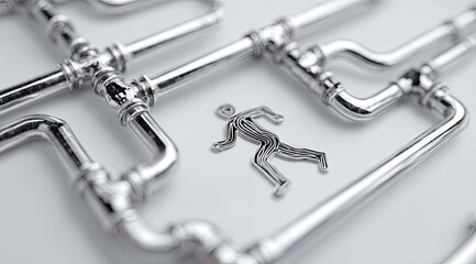 A stylized silver figure runs amidst a complex network of gleaming metallic pipes on a light gray surface