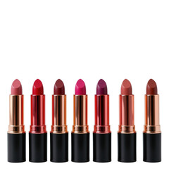 Assortment of Vibrant Lipsticks in Stylish Packaging on Transparent background