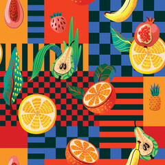 Seamless vector pattern with tropical fruits and colorful square background