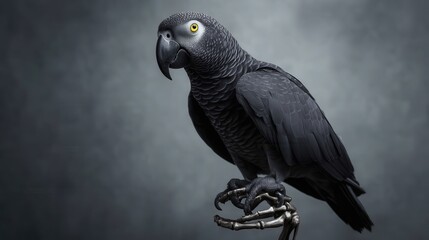 Obraz premium Halloween Exotic Animals Concept. Black parrot perched against a dark background.