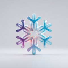A stylized, translucent snowflake with a gradient of blues and purples, sits on a light grey background, appearing 3D rendered with subtle highlights and shadows