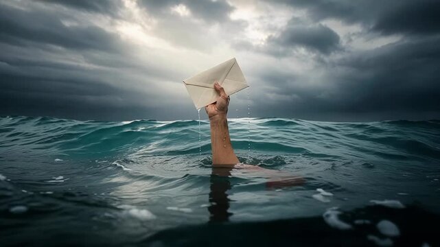 Hand holding envelope message struggles to survive in stormy ocean waves symbolizing urgent news delivery and communication challenges