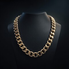 A substantial gold curb chain necklace rests on a black display stand against a dark background, showcasing its weight and size