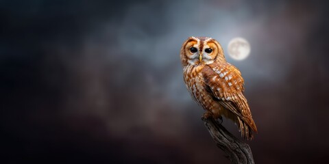 Halloween Exotic Animals Concept. Owl perched against a moonlit sky with a dark background.