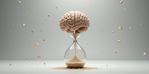 Conceptual hourglass with human brain representing the passage of time and cognitive decline