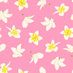 Plumeria seamless pattern. Vector cute tropical Hawaiian flower print on pink background. Summer flat texture for wrapping, fabric, beach party decor, textile, fashion.