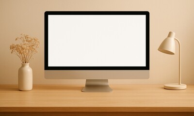 Mock up of a computer monitor on a minimalist brown table. Minimalist lamp and flower vase are modern and simple, perfect for your work.