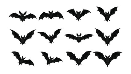 Obraz premium Silhouette of Flying Bat: A collection of detailed silhouettes showcases a variety of poses of flying bats, their wings outstretched, perfect for themes of night, halloween, or the natural world.