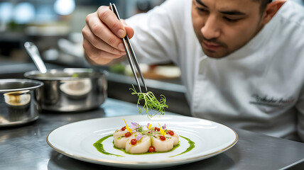 Professional Chef Meticulously Plating a Gourmet Scallop Dish with Tweezers in a High-End Restaurant Kitchen.