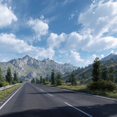 Fototapeta premium A sun-drenched highway stretches towards a majestic mountain range under a partly cloudy sky, flanked by verdant hills and scattered evergreens