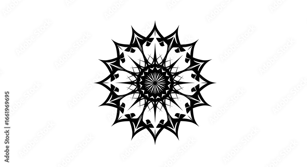 Poster intricate mandala design with black abstract patterns on white background