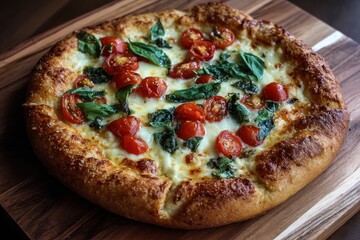 Freshly baked pizza with tomatoes and basil on a wooden board ready to be served in a cozy dining space