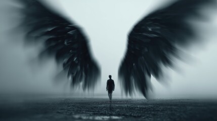 Business branding and creative storytelling with dark angel wings in vintage VHS style