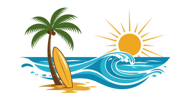 Tropical beach scene with surfboard, palm tree, and sunlit waves