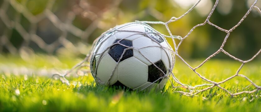 The soccer ball resting in the net after a successful goal on the field.