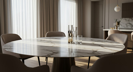 Round marble dining table with a sophisticated finish, in a naturally lit environment