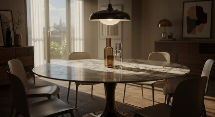 Round marble dining table with a sophisticated finish, in a naturally lit environment