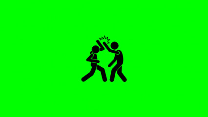 Stick Figure Fight Icon – Punch and Kick Conflict Symbol on Green Background, Stick Figure Fight Icon – Punch and Kick Conflict Symbol Illustration, Cartoon Stickman Violence – Funny Fight Scene 
