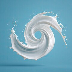 A swirling, double helix of creamy white liquid against a light blue background, with dynamic splashes extending outwards