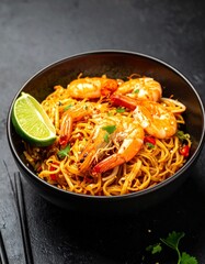 Spicy shrimp noodles in dark bowl