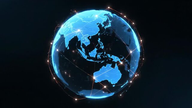 Digital Earth with Network Connectivity Lighting - A glowing digital representation of Earth is depicted, showcasing interconnected network nodes illuminating the globe.